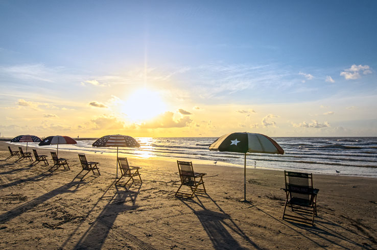 A sun-kissed beach on Galveston Island, Texas.