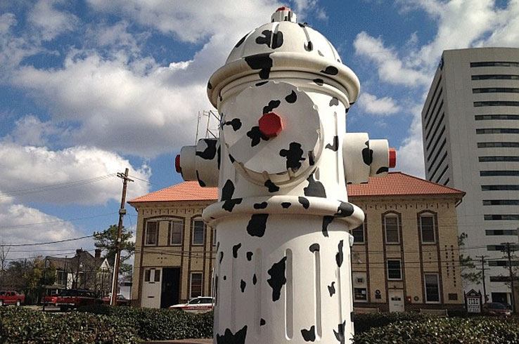 The 24-foot-tall Dalmatian Fire Hydrant towers above a plaza near the Fire Museum of Texas in Beaumont. 